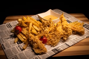 Crispy de pui nepicant cu sos tartar, salată de varză și cartofi prăjiți