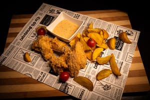 Aripioare crocante nepicante cu sos chilli-usturoi servite cu cartofi wedges